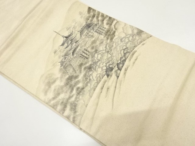 手描き　屋敷に寺塔風景模様　名古屋帯